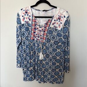 Lucky Brand 3/4 Sleeve Blouse Embroidered Boho Blue Tassle Tunic Women Large EUC